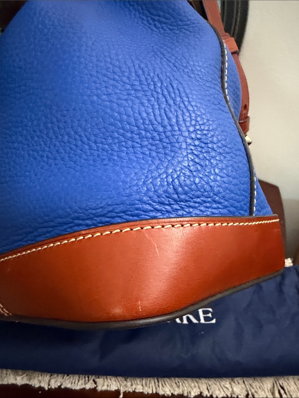 Dooney & Bourke Blue Leather Drawstring Bucket Bag with Brown Trim and Tassels - Picture 8 of 16